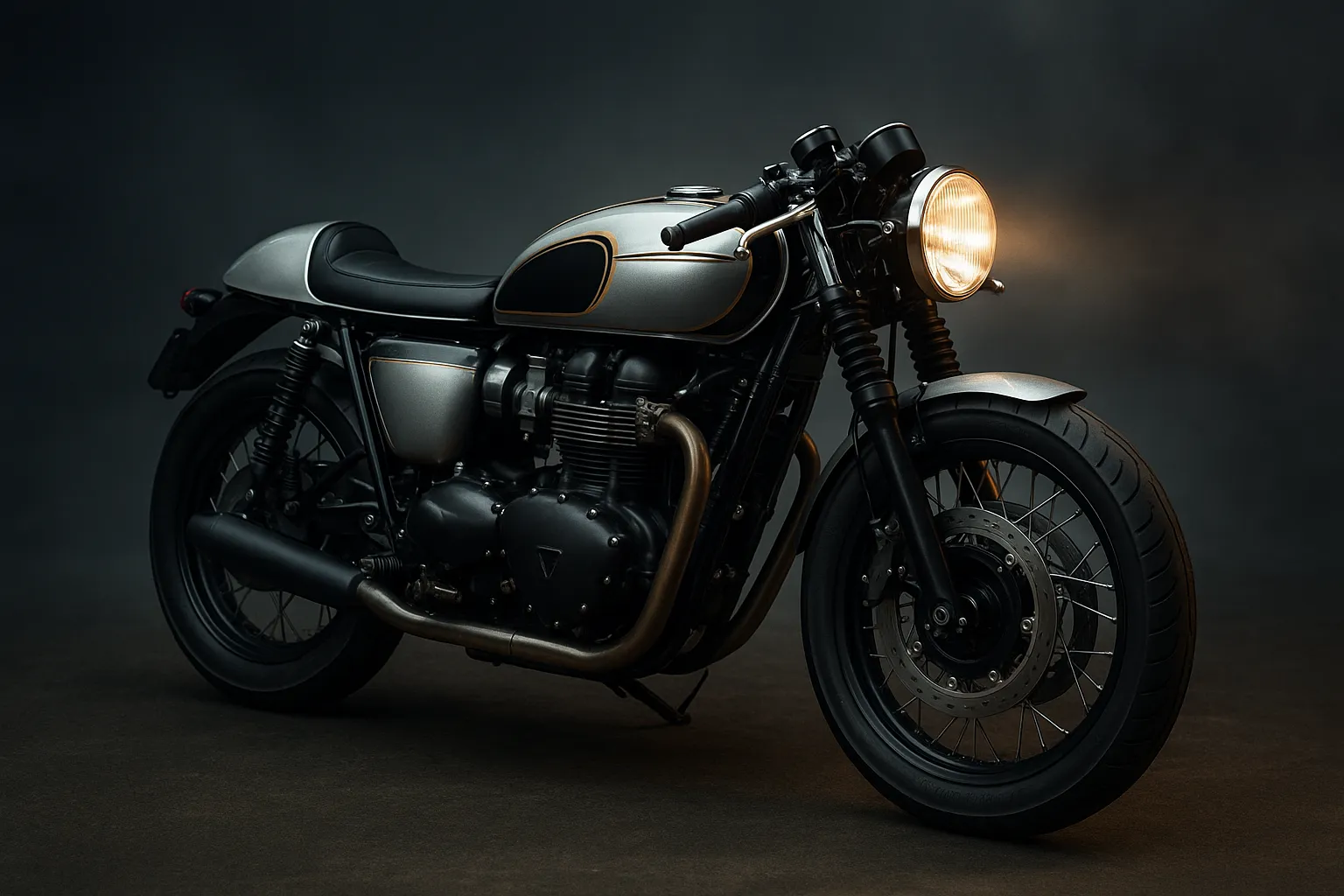 A dark café-style custom motorcycle with its headlamp lit